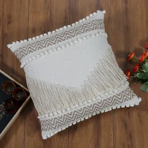Boho Cushion Cover with Fringe and Tufted Chevron Design Beige and White