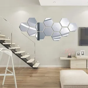 DeCorner -12 Hexagon Mirror Wall Stickers for Wall Size (10.5x12.1) Cm Acrylic Mirror for Wall Stickers for Bedroom | Bathroom | Kitchen | Living Room Decoration Items (Pack of -Z-12Hexa) Silver