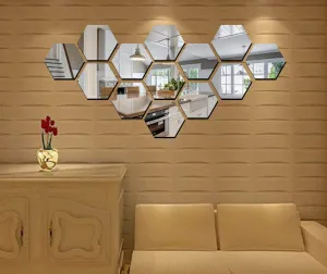 DecorWear 13 Hexagon Mirror Silver Plastic Wall Stickers for Wall Size (10.5x12.1) Cm Acrylic Mirror Wall Decor Sticker, Wall Mirror Stickers, 3D Hexagonal Mirror Wall Sticker (B-13HexaSilver)