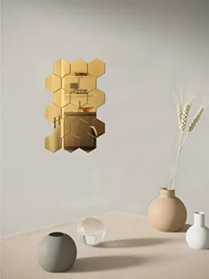 DecorWear 18 Hexagon Mirror Gold Plastic Wall Stickers for Wall Size (10.5x12.1) Cm Acrylic Mirror Wall Decor Sticker, Wall Mirror Stickers, Unframed Hexagonal Mirror Wall Sticker (18HexaGold)