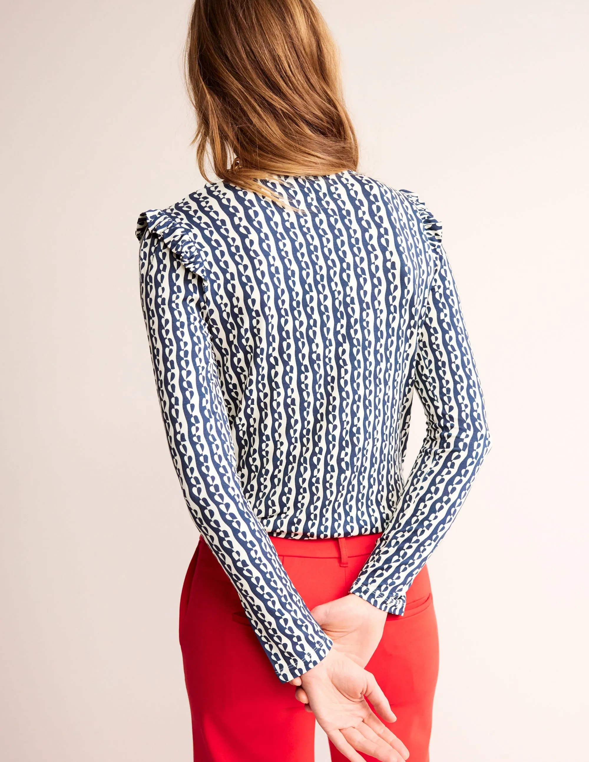 Frill Detail Long Sleeve Top-Navy, Abstract Heart
