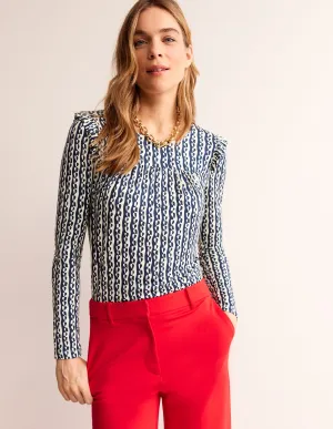 Frill Detail Long Sleeve Top-Navy, Abstract Heart