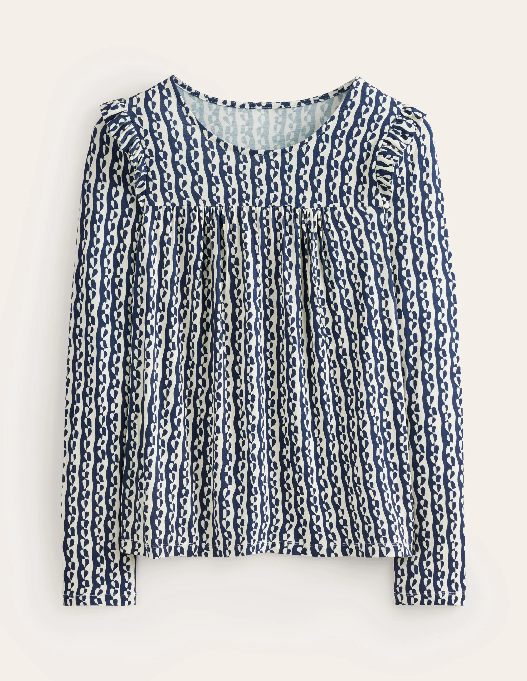 Frill Detail Long Sleeve Top-Navy, Abstract Heart