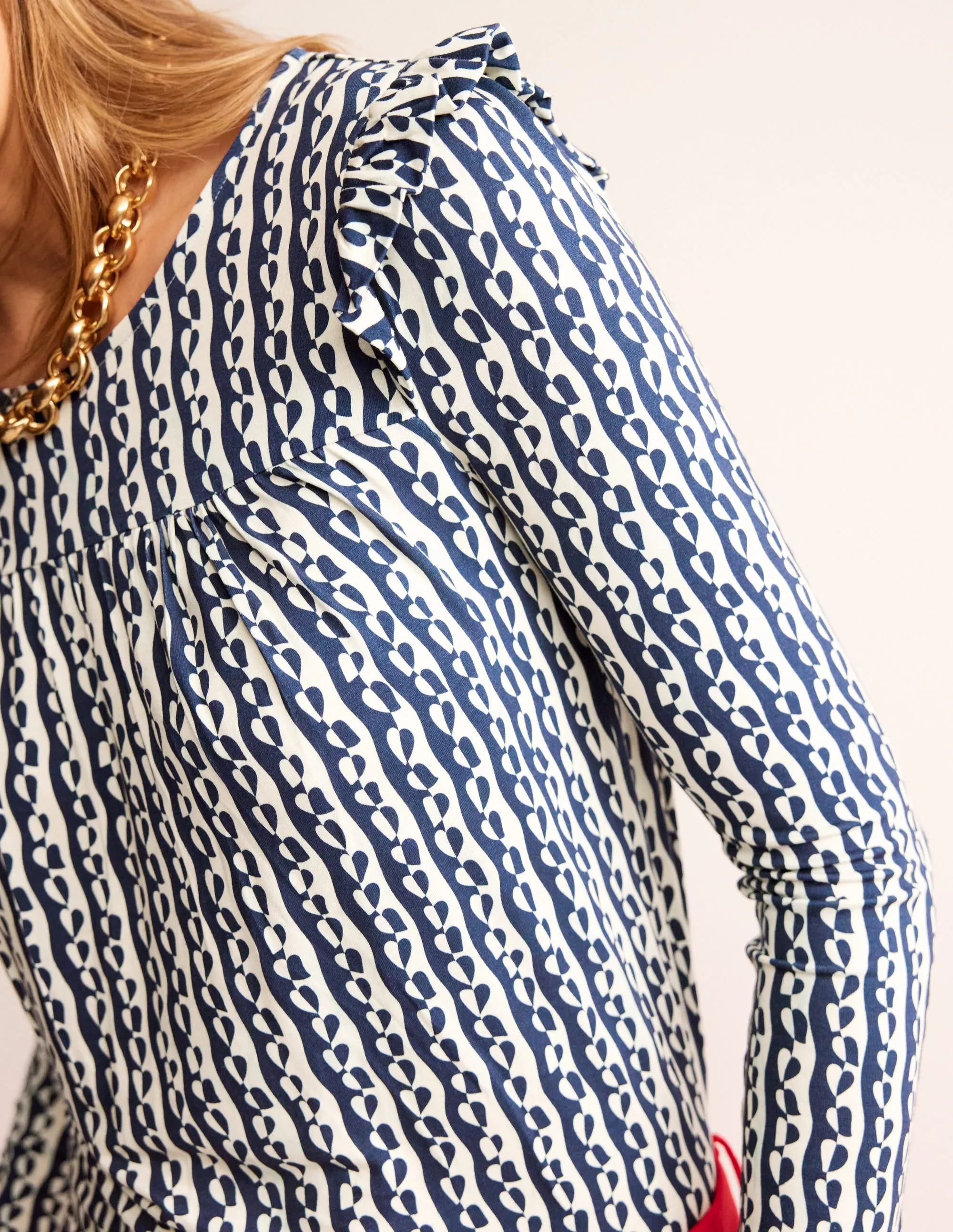 Frill Detail Long Sleeve Top-Navy, Abstract Heart