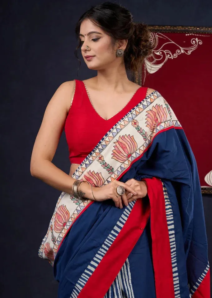 Hand-painted Madhubani & Indigo combination saree