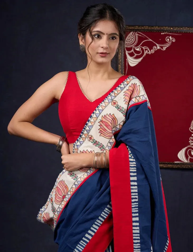 Hand-painted Madhubani & Indigo combination saree