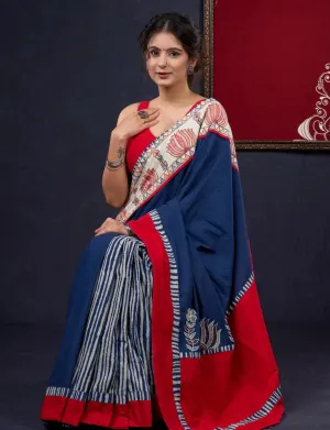 Hand-painted Madhubani & Indigo combination saree