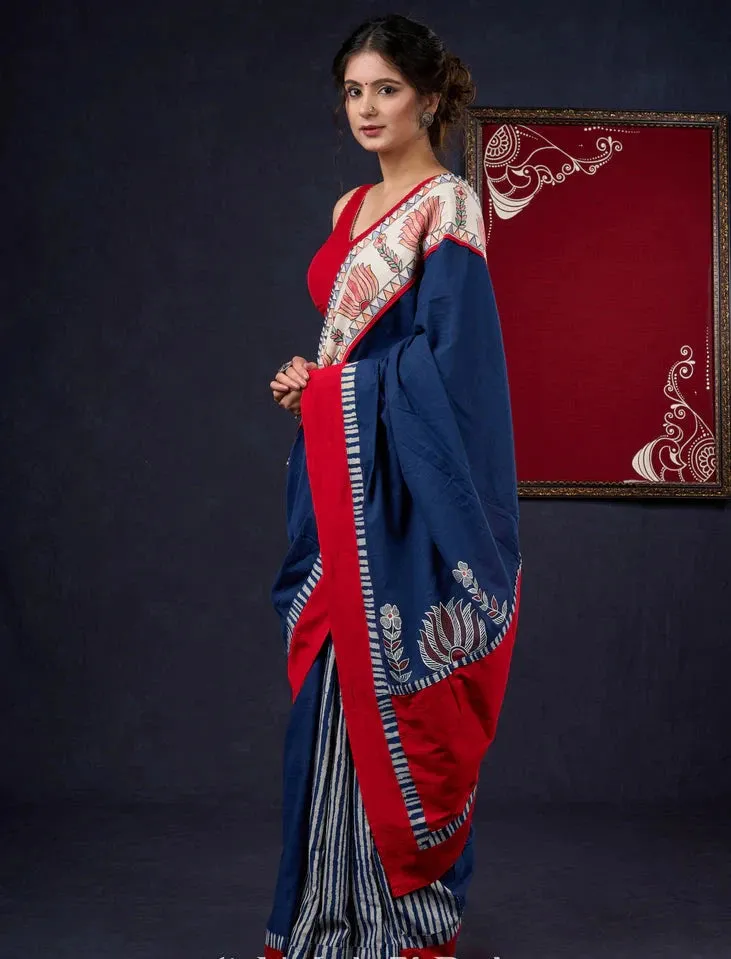 Hand-painted Madhubani & Indigo combination saree
