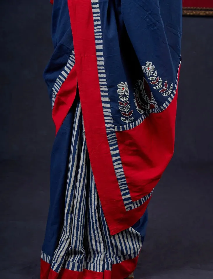 Hand-painted Madhubani & Indigo combination saree
