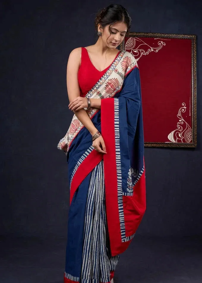 Hand-painted Madhubani & Indigo combination saree