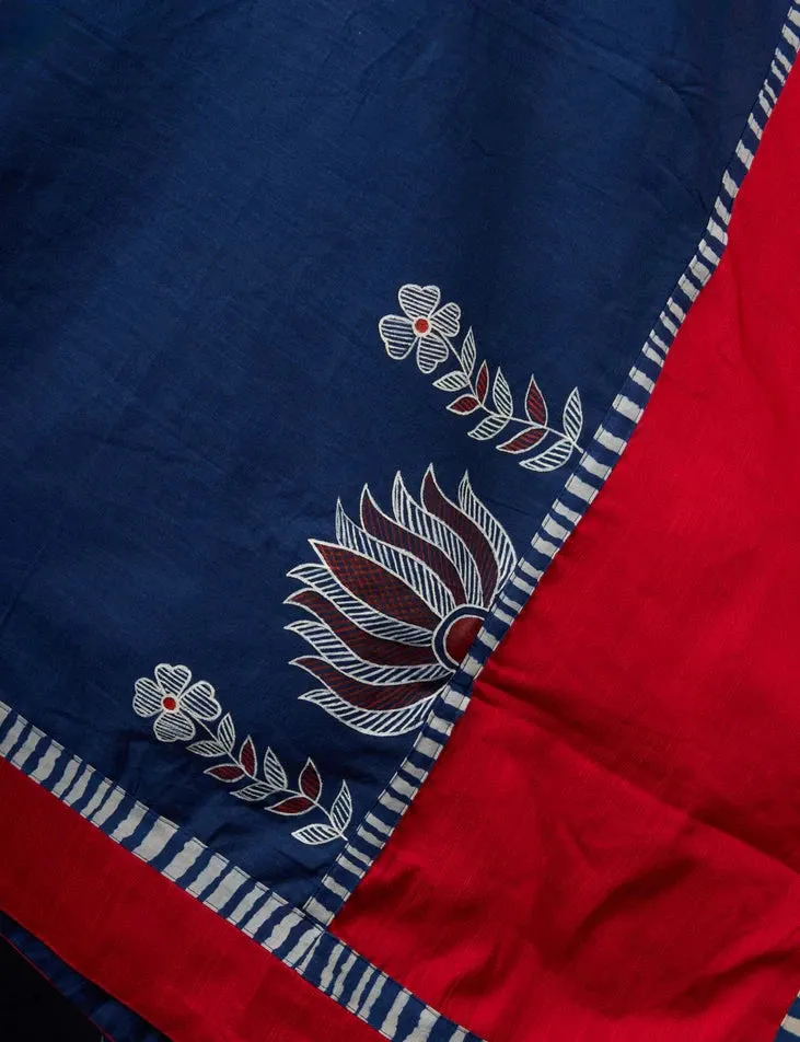 Hand-painted Madhubani & Indigo combination saree