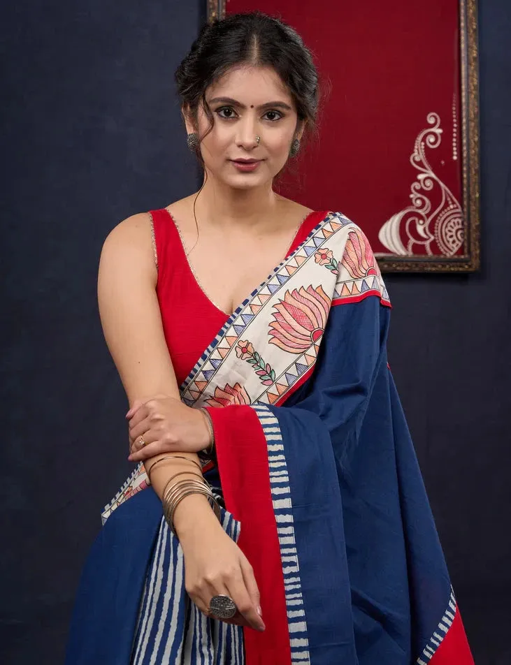 Hand-painted Madhubani & Indigo combination saree