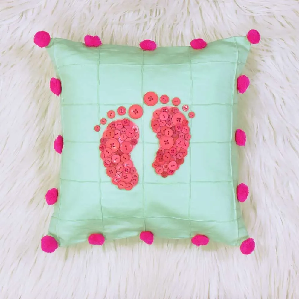 Happy Feet Button Cushion - Fuscia Pink Buttons On Pista Green Base
