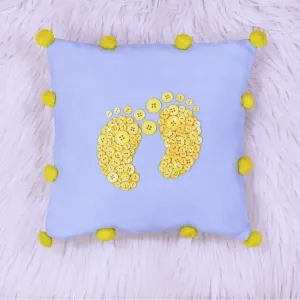 Happy Feet Button Cushion - Yellow Buttons On Light Blue Base