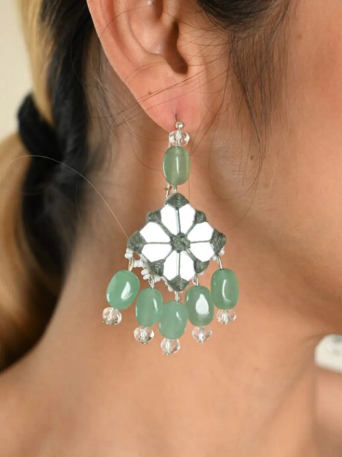 Mirror Jhumka With Jade Beads