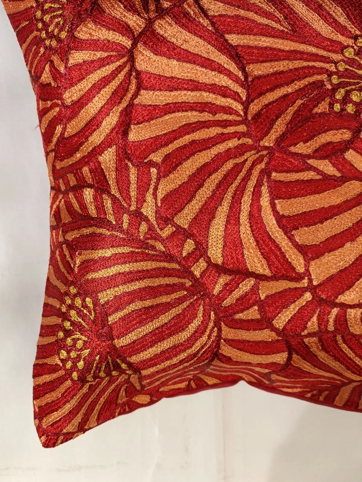 Poppies Chainstitch Embroidered Cushion Cover Red & Yellow