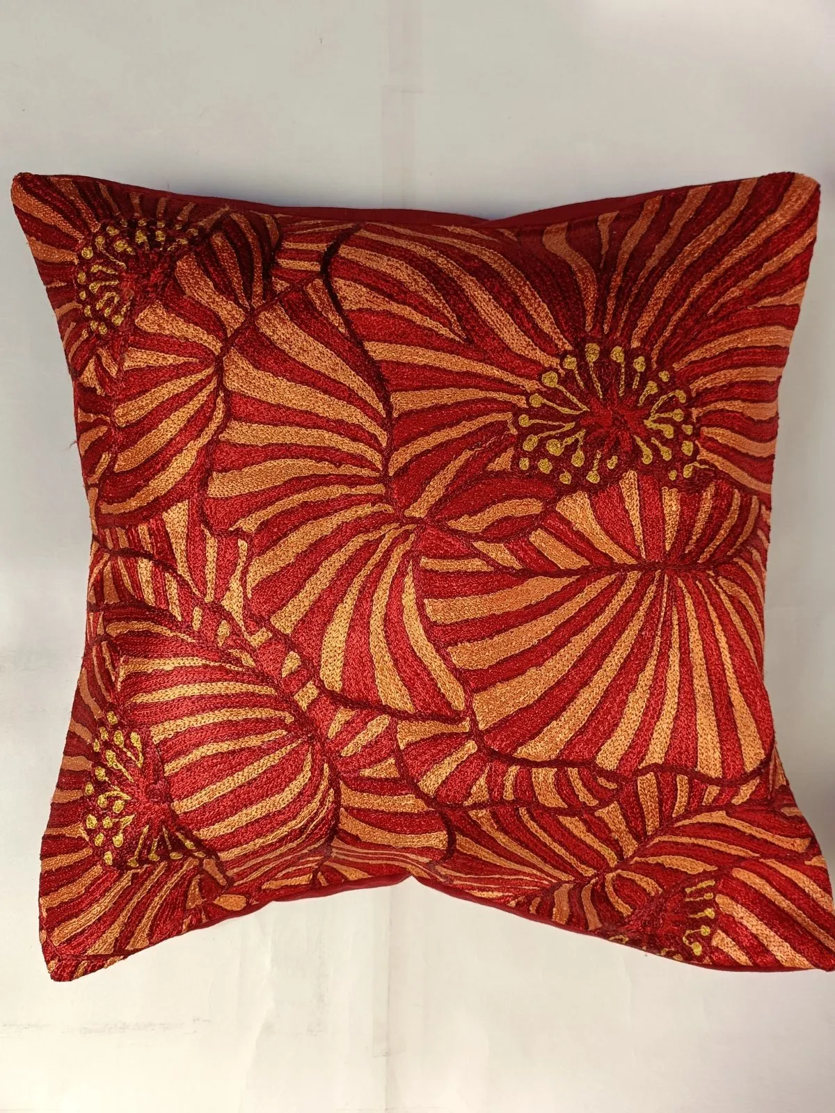 Poppies Chainstitch Embroidered Cushion Cover Red & Yellow