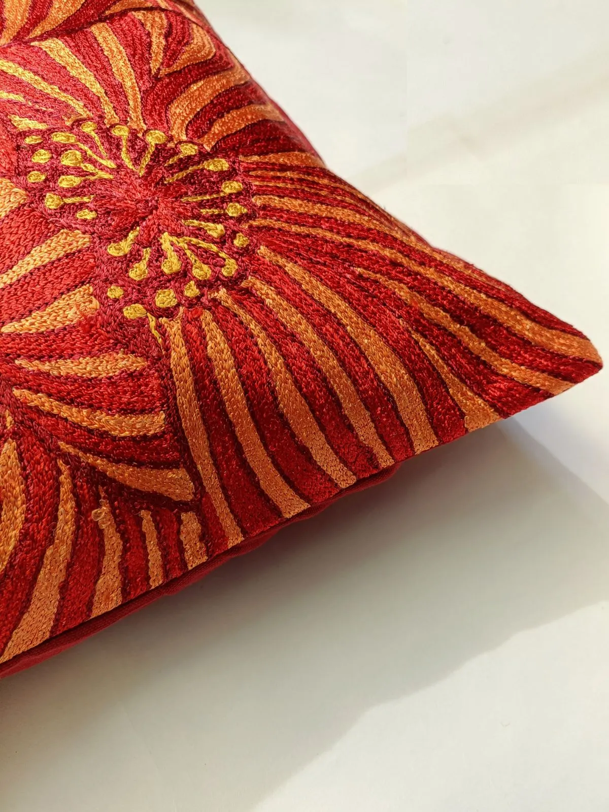 Poppies Chainstitch Embroidered Cushion Cover Red & Yellow
