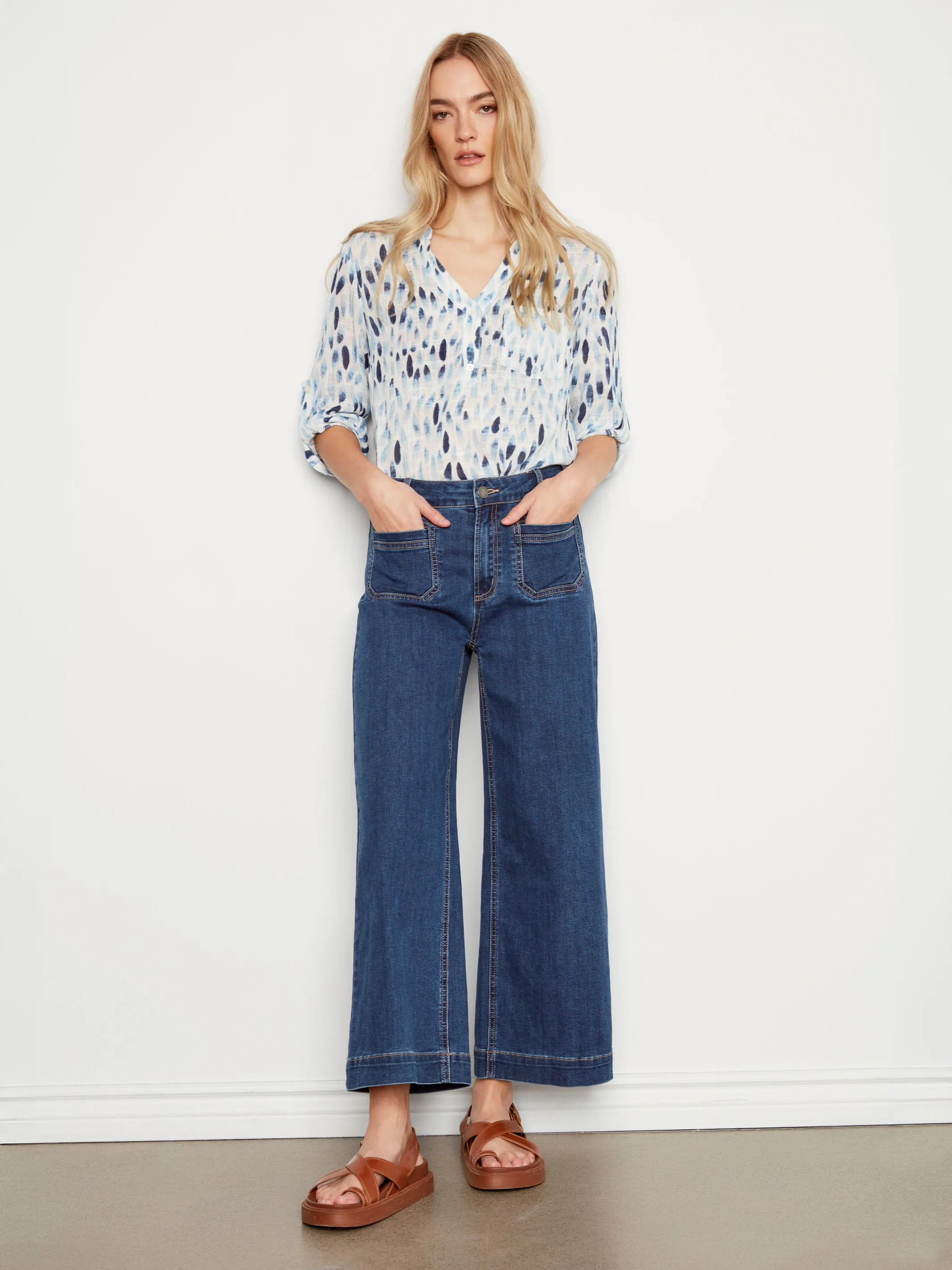 Printed Cotton Gauze Half-Button Blouse - Blue