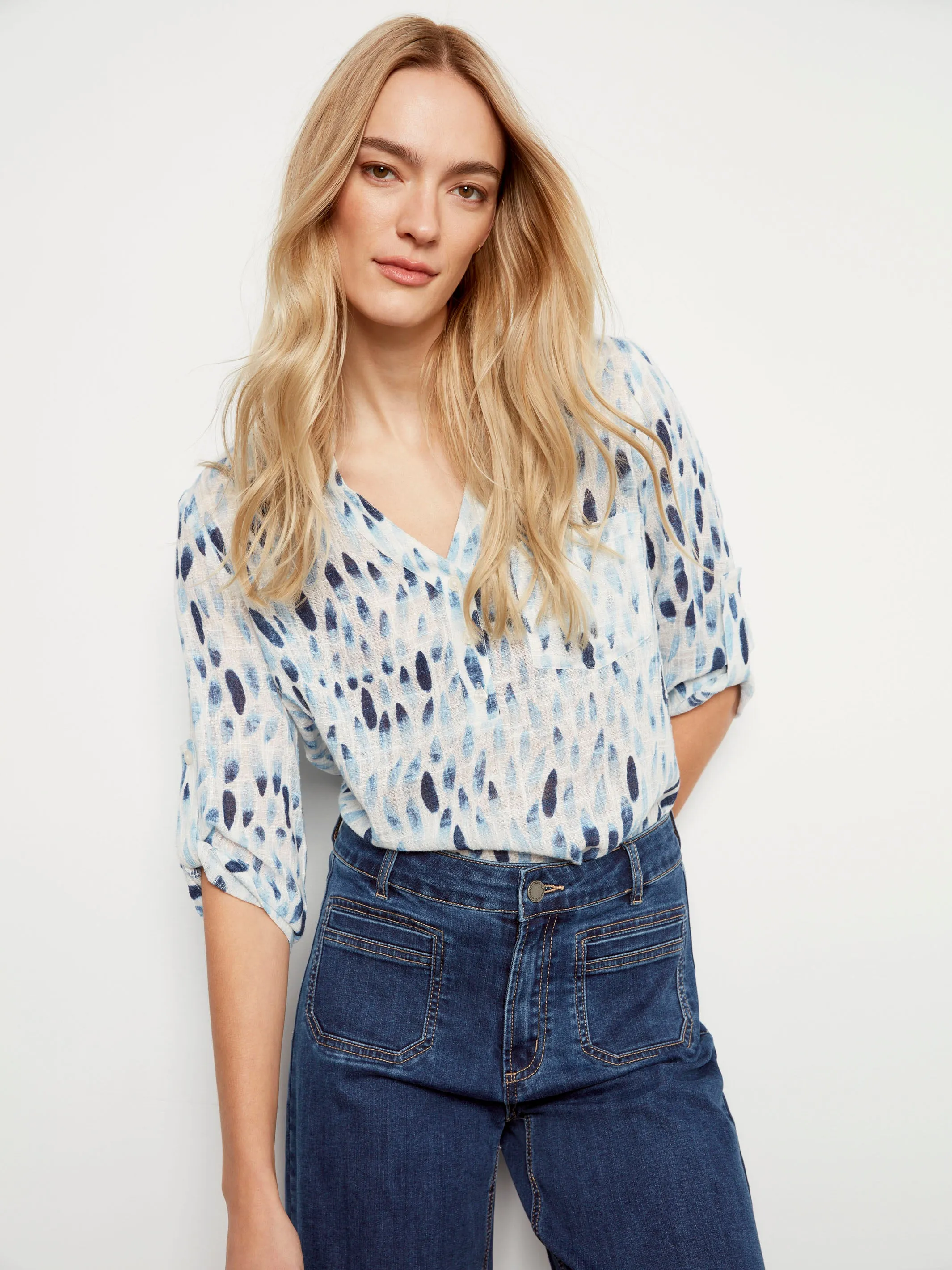 Printed Cotton Gauze Half-Button Blouse - Blue