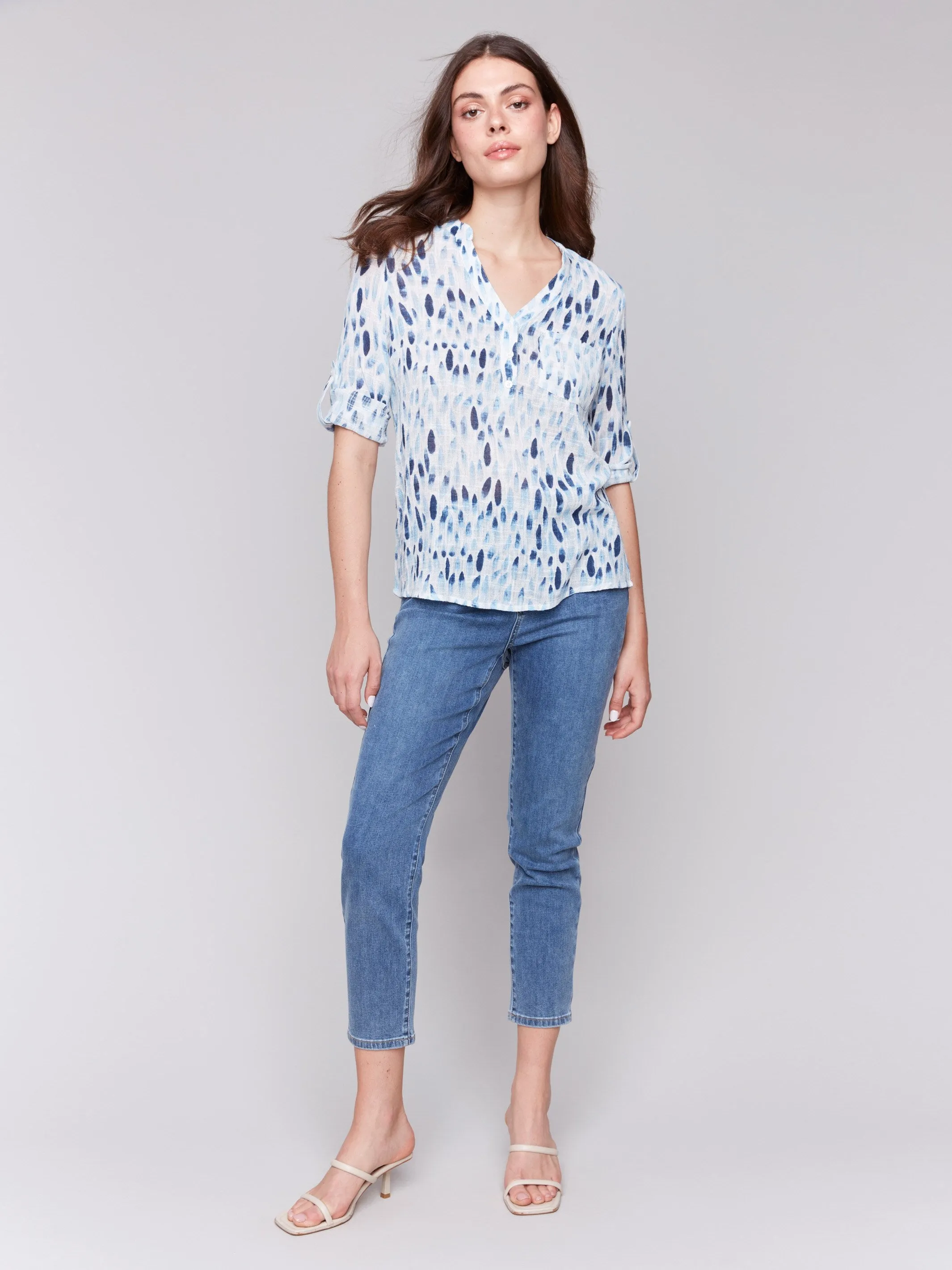 Printed Cotton Gauze Half-Button Blouse - Blue