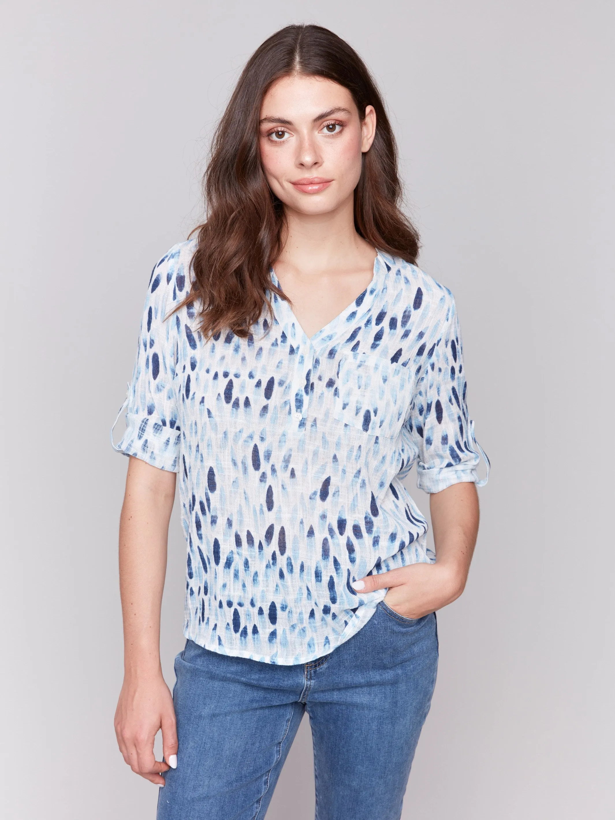 Printed Cotton Gauze Half-Button Blouse - Blue