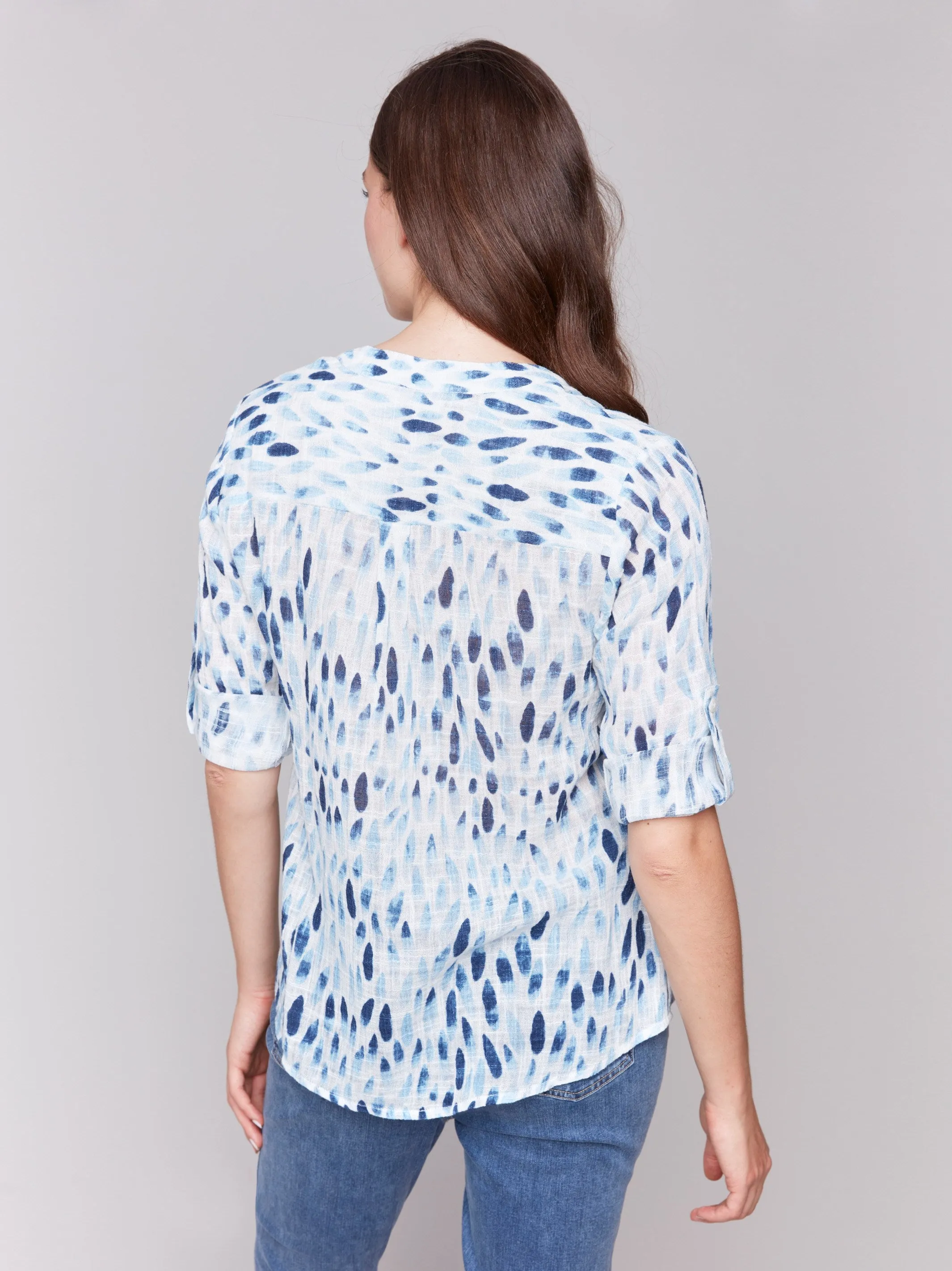 Printed Cotton Gauze Half-Button Blouse - Blue