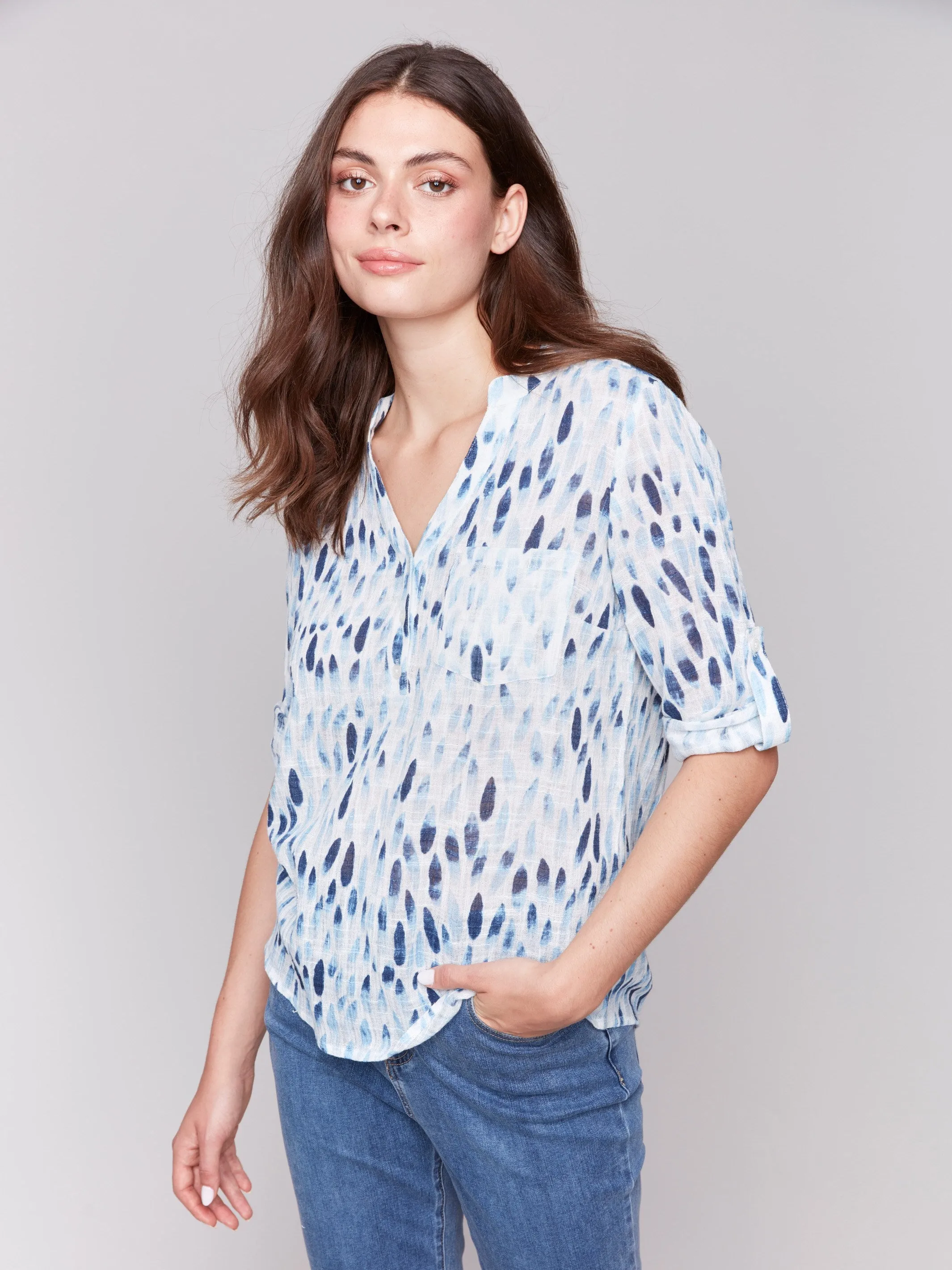 Printed Cotton Gauze Half-Button Blouse - Blue