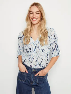 Printed Cotton Gauze Half-Button Blouse - Blue