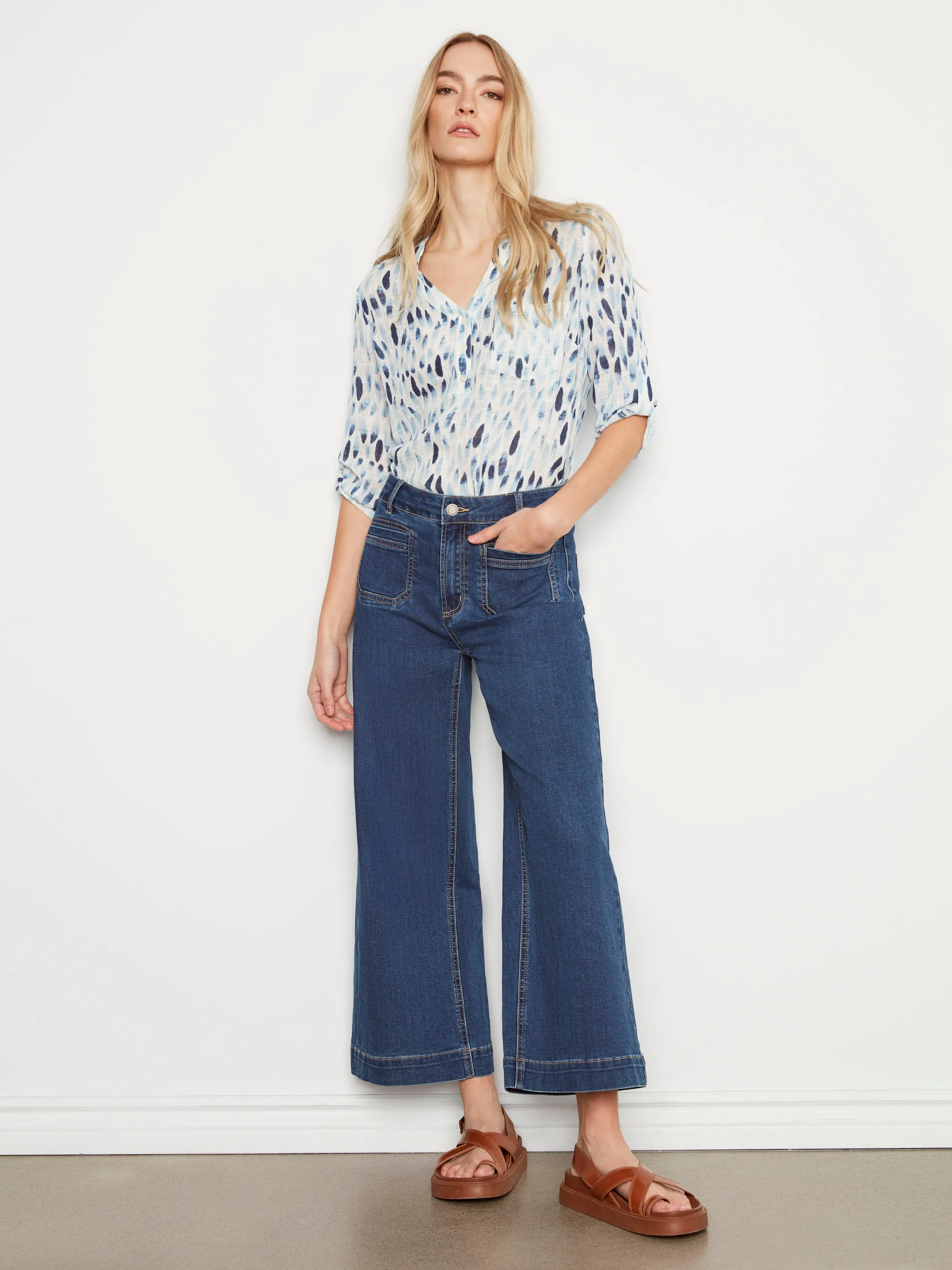 Printed Cotton Gauze Half-Button Blouse - Blue