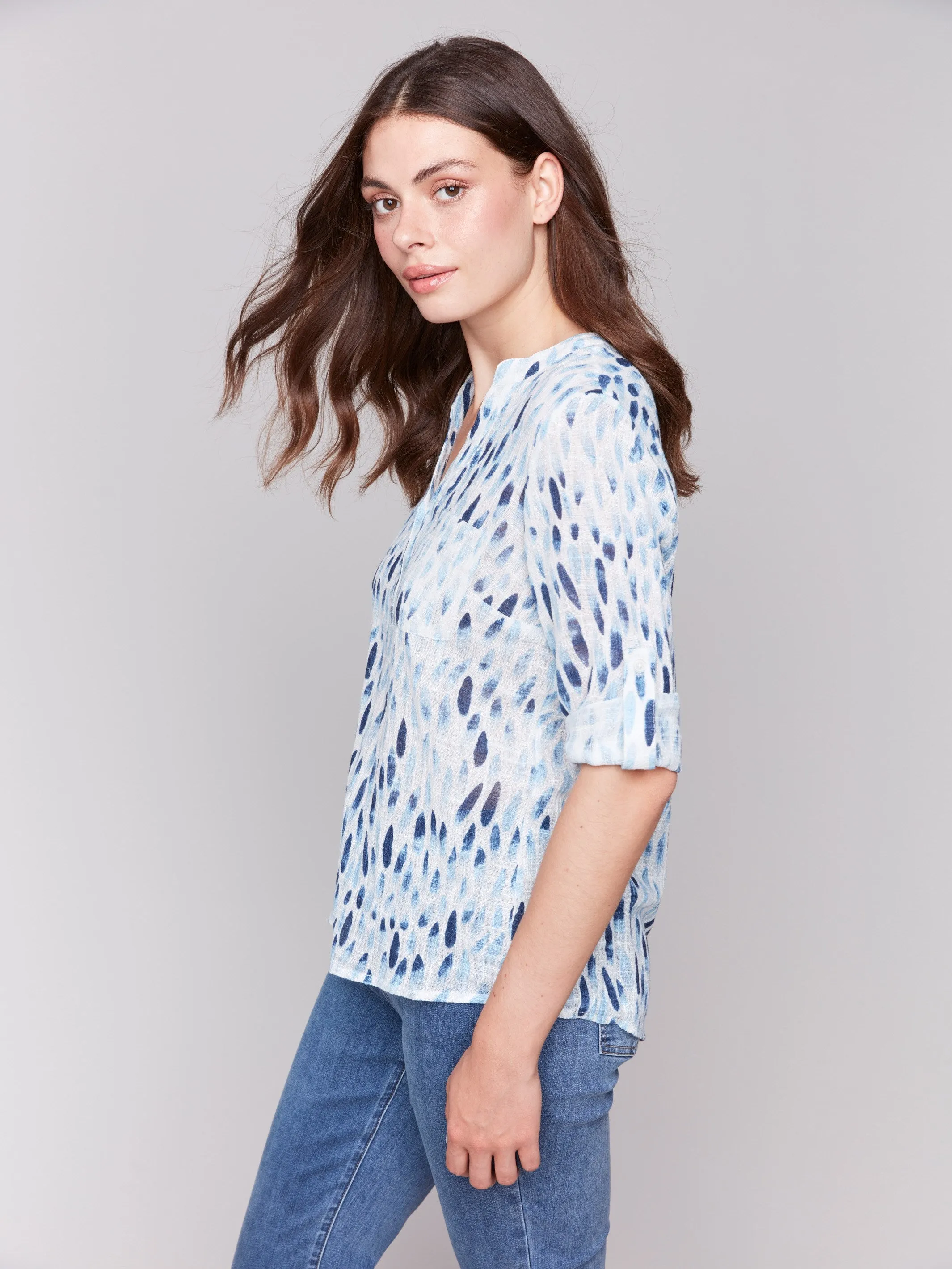 Printed Cotton Gauze Half-Button Blouse - Blue