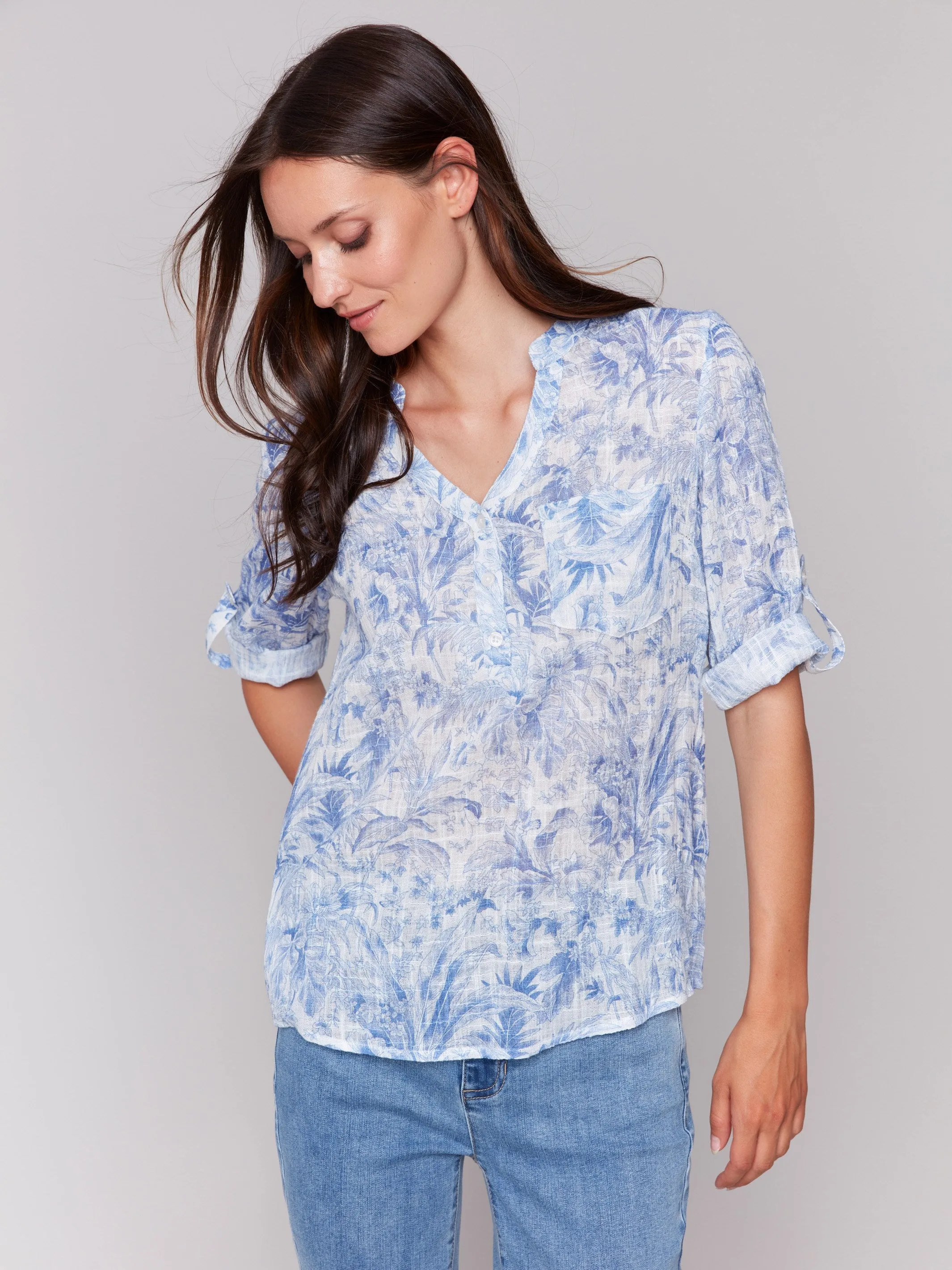 Printed Cotton Gauze Half-Button Blouse - Jungle