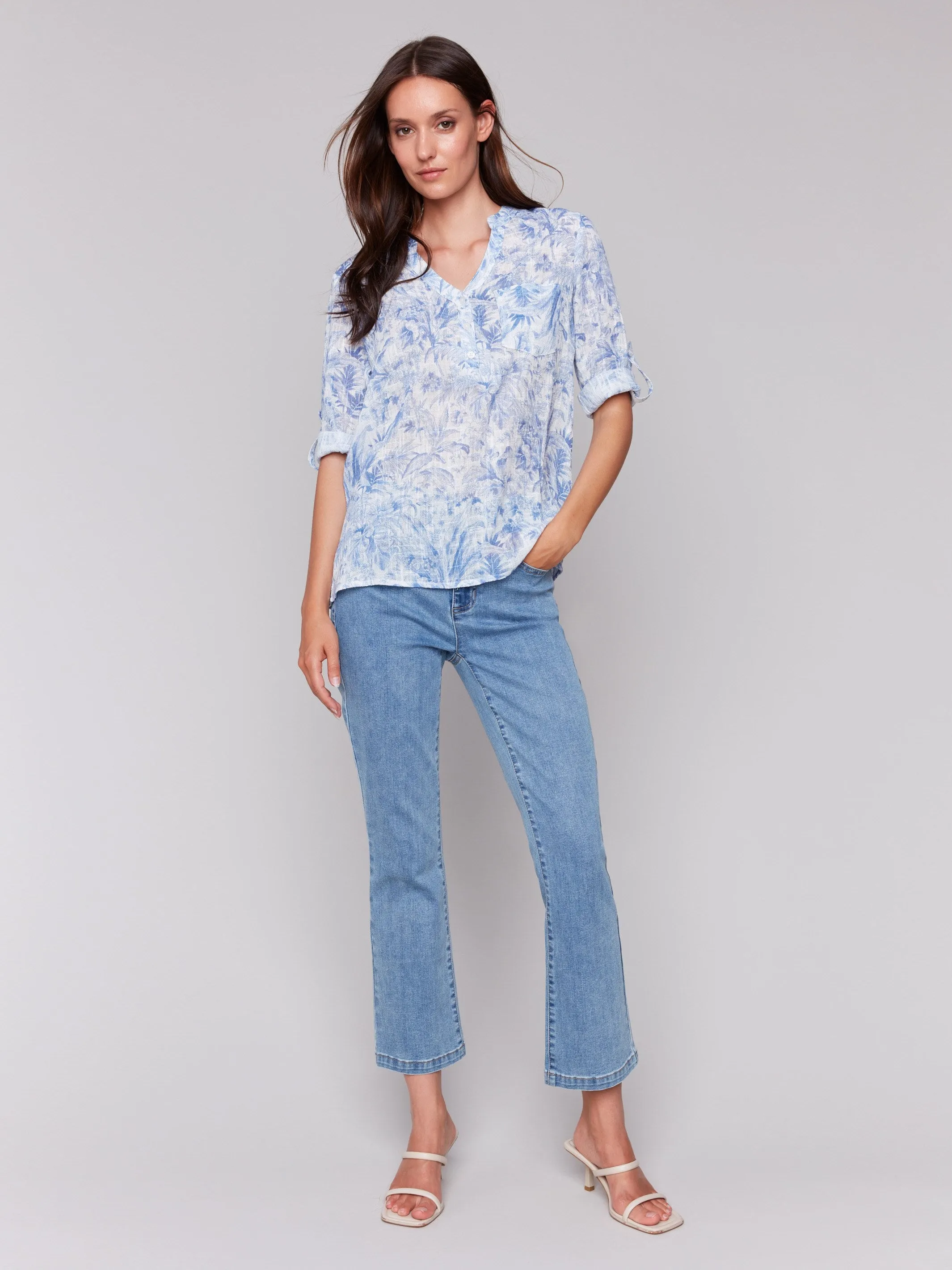 Printed Cotton Gauze Half-Button Blouse - Jungle
