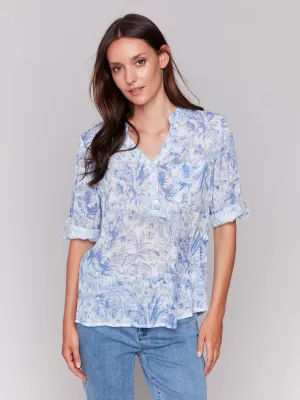 Printed Cotton Gauze Half-Button Blouse - Jungle