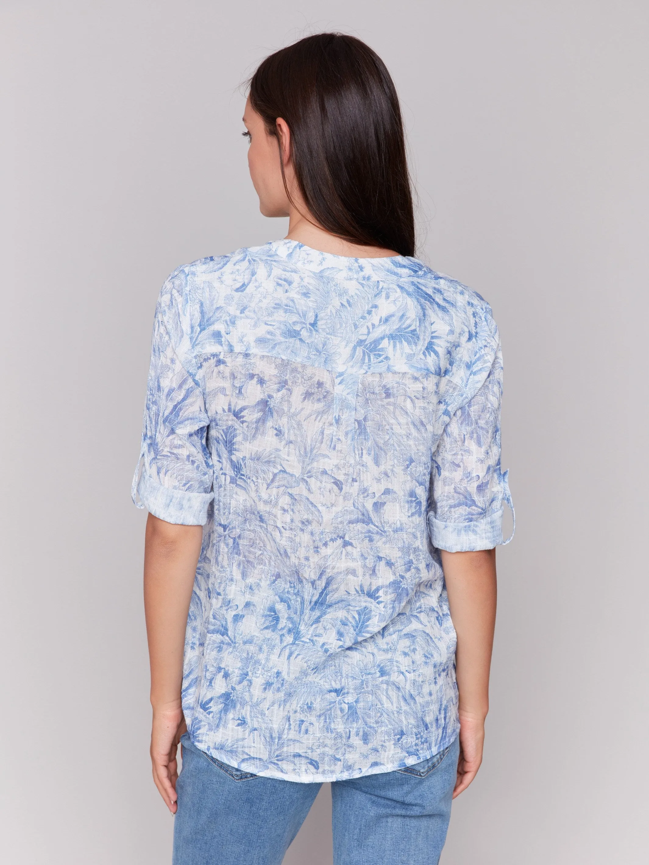 Printed Cotton Gauze Half-Button Blouse - Jungle