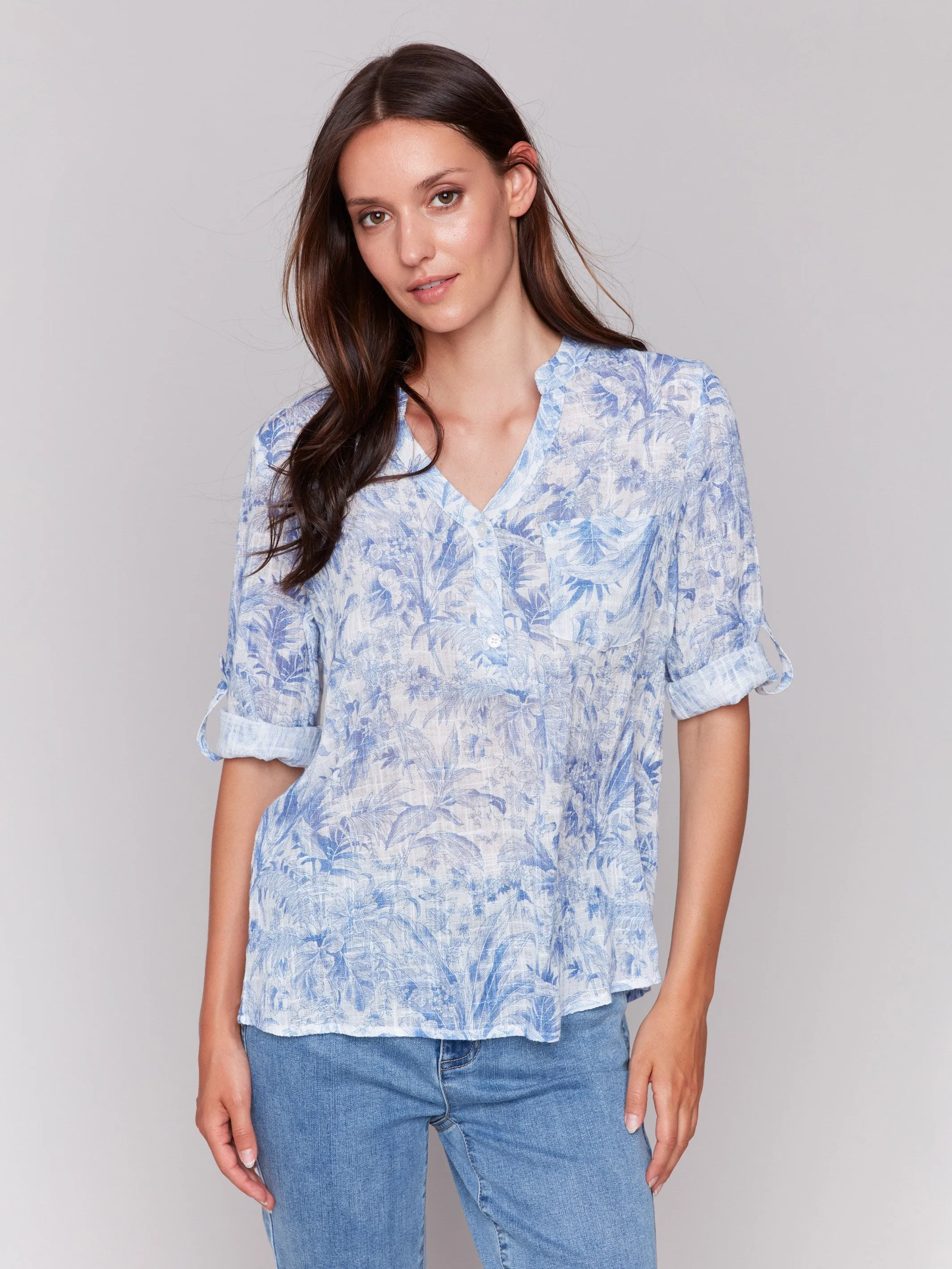 Printed Cotton Gauze Half-Button Blouse - Jungle