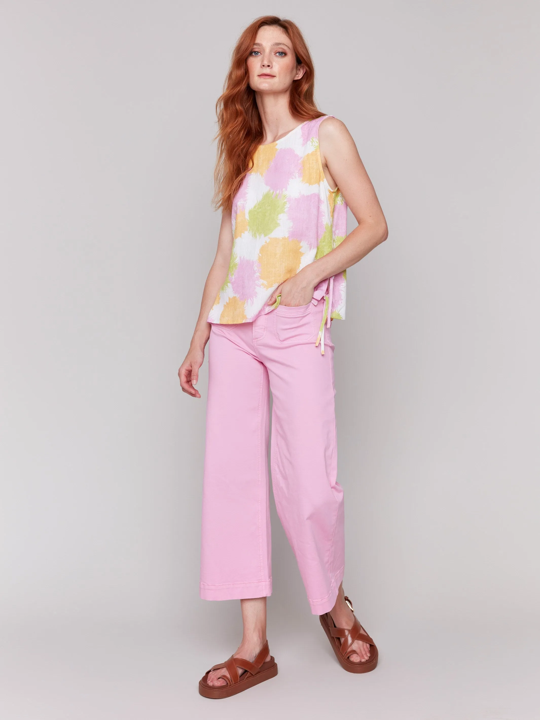 Printed Sleeveless Linen Blend Top with Side Ties - Splatter