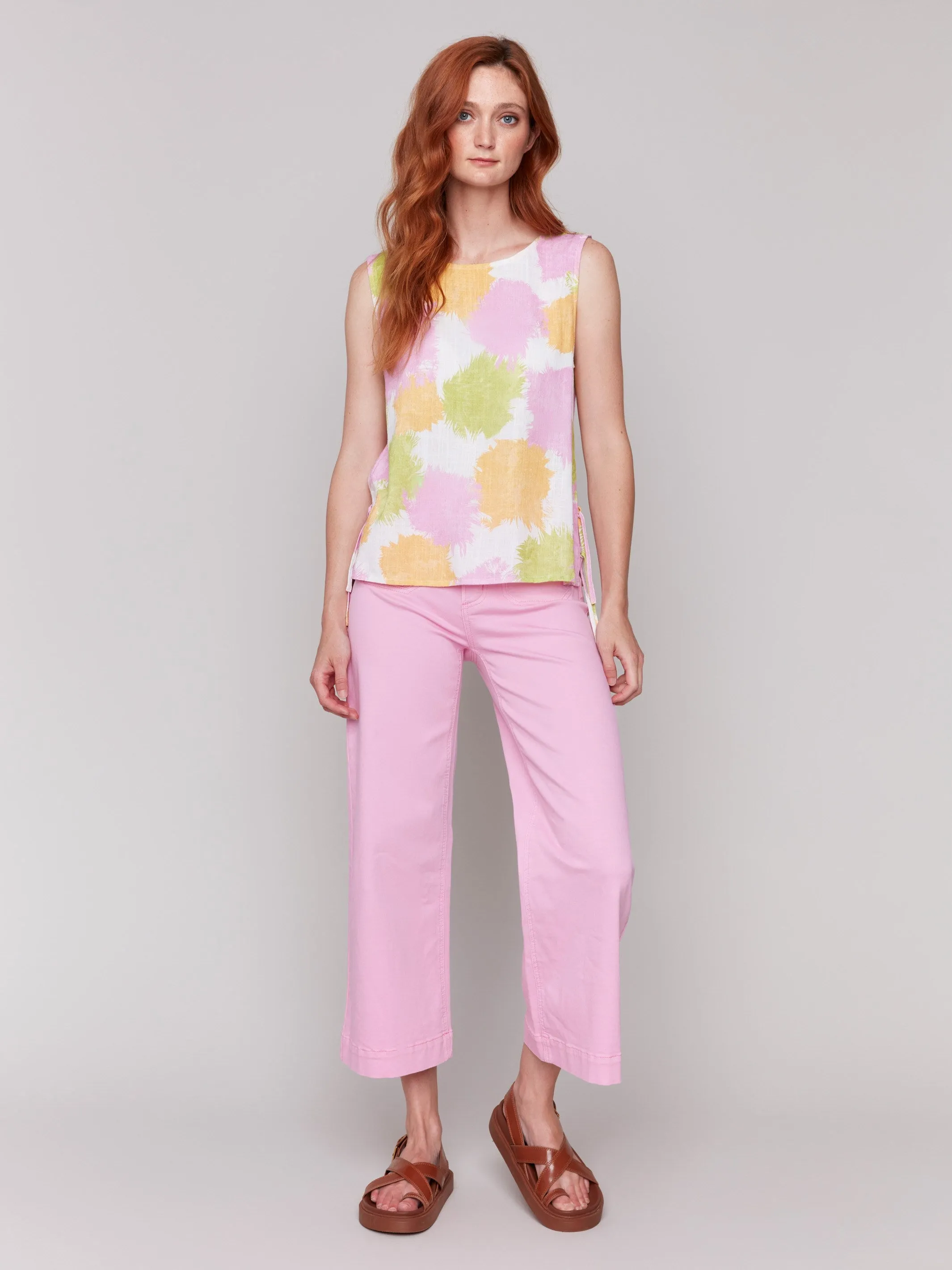 Printed Sleeveless Linen Blend Top with Side Ties - Splatter