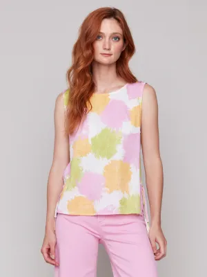 Printed Sleeveless Linen Blend Top with Side Ties - Splatter