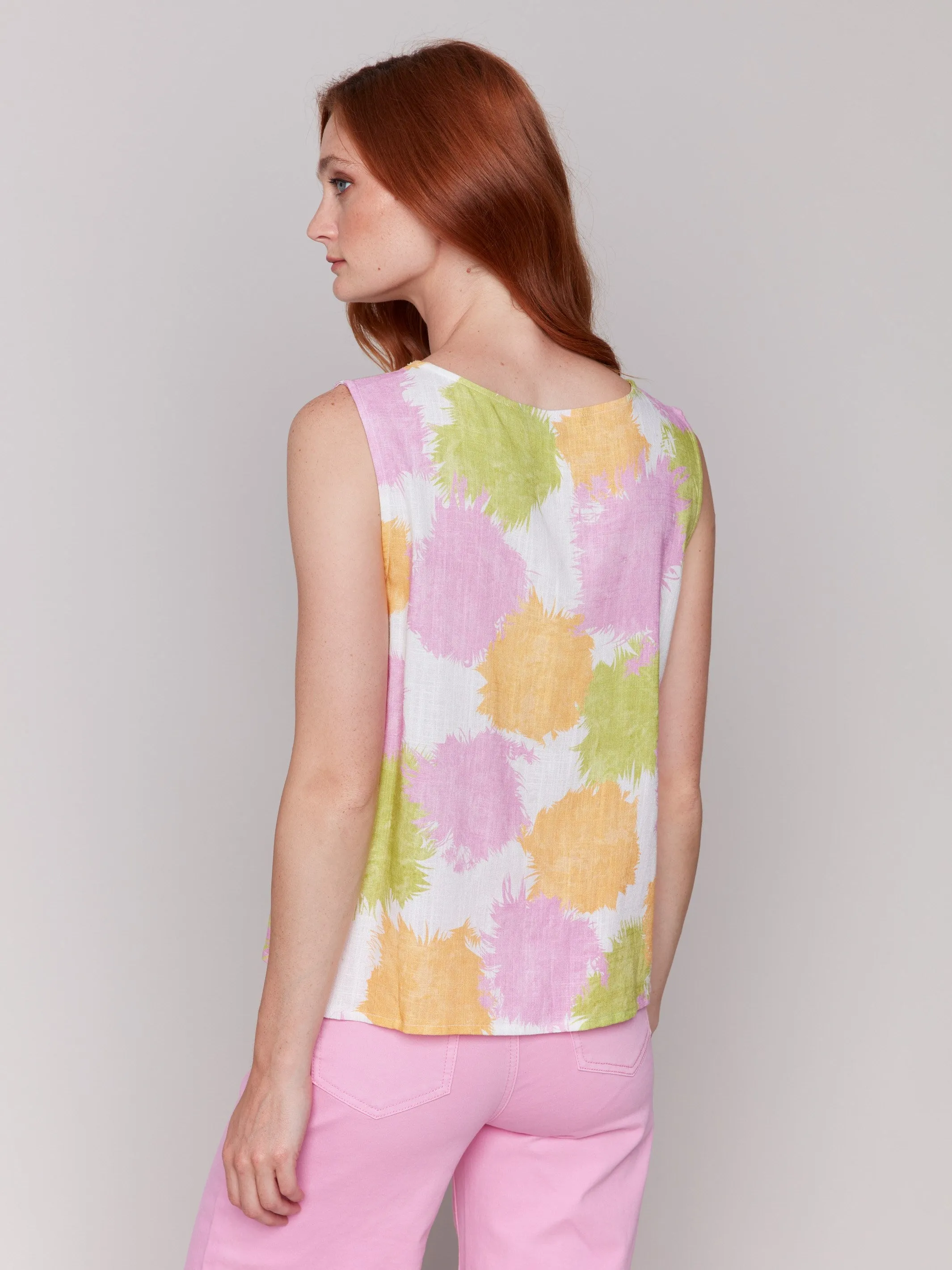 Printed Sleeveless Linen Blend Top with Side Ties - Splatter