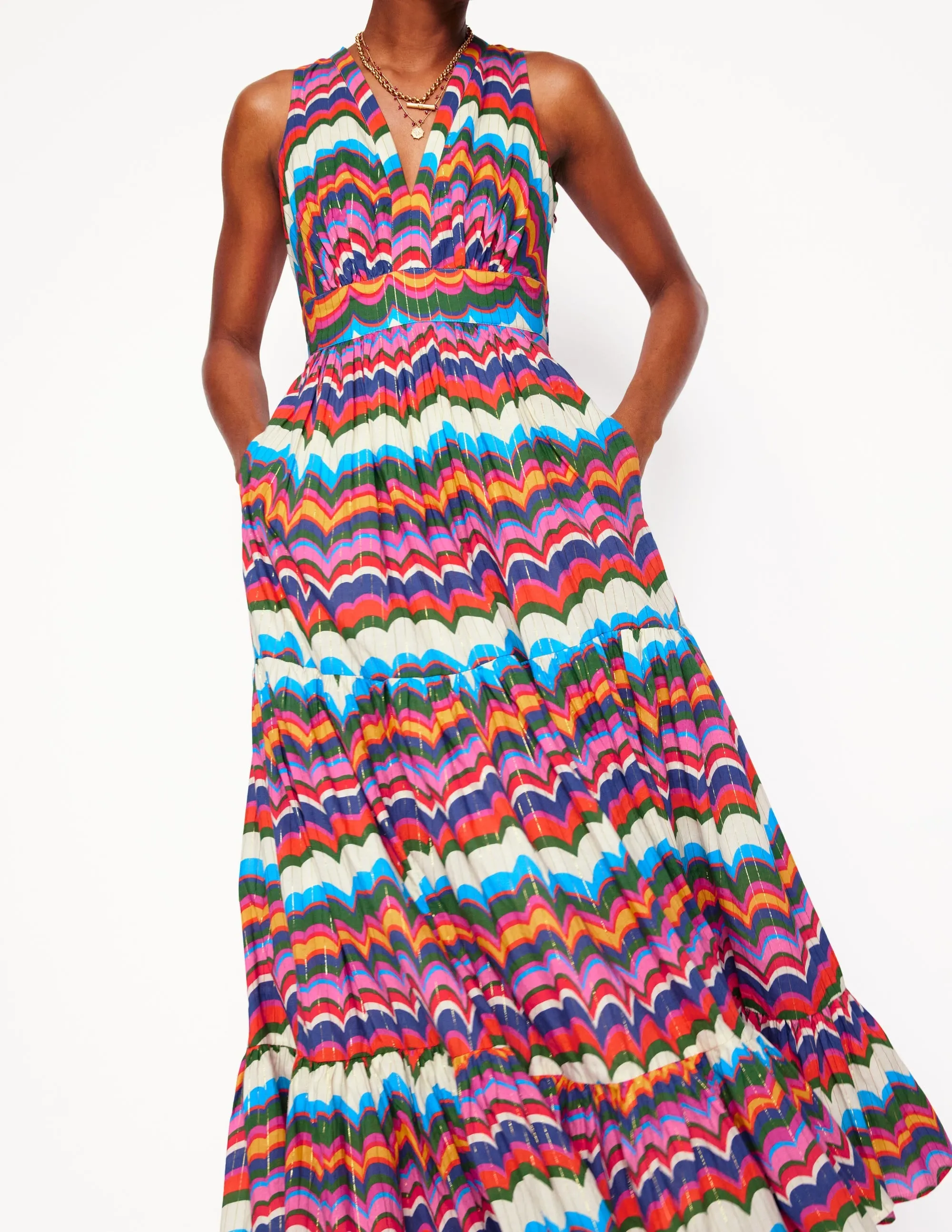 Serena Cotton Tie Maxi Dress-Multi, Abstract Wave