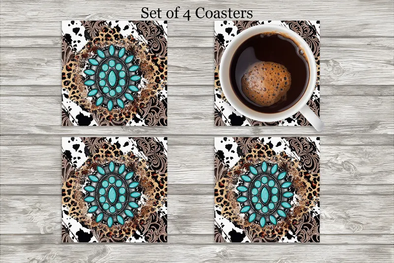 Turquoise Concho and Leopard Neoprene 4 Inch Square Coasters - Set of 4