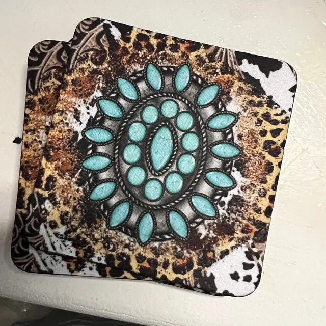 Turquoise Concho and Leopard Neoprene 4 Inch Square Coasters - Set of 4